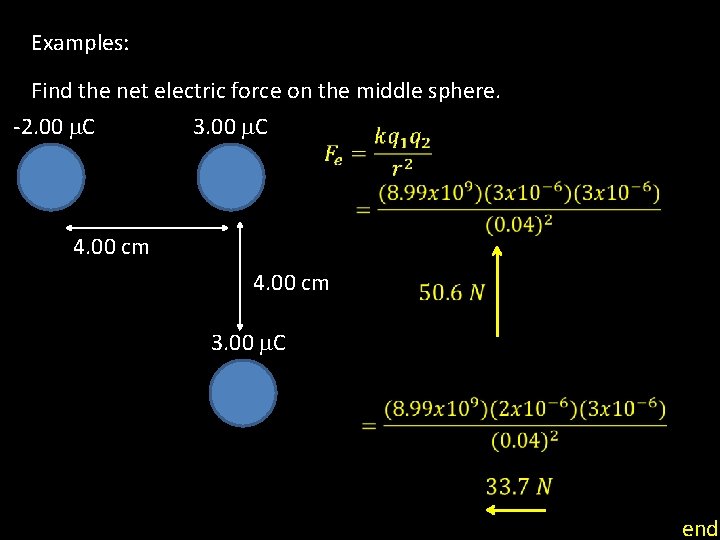 Examples: Find the net electric force on the middle sphere. -2. 00 m. C
