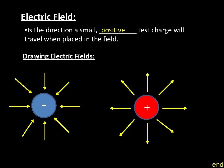 Electric Field: • Is the direction a small, _____ test charge will positive travel