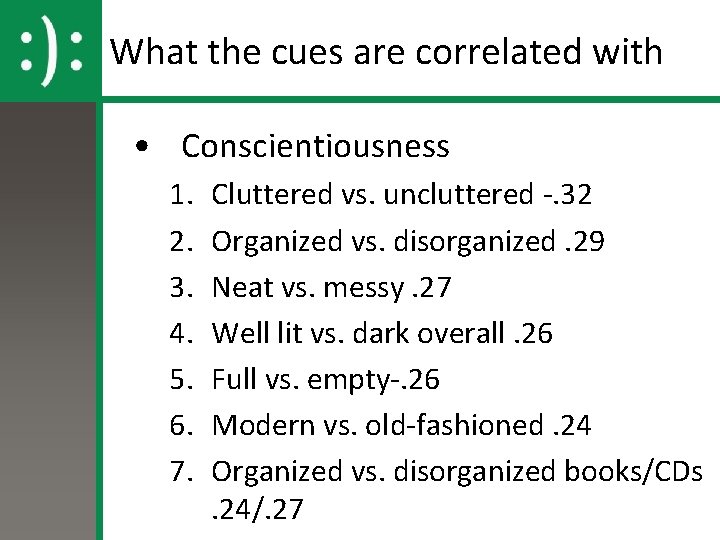 What the cues are correlated with • Conscientiousness 1. 2. 3. 4. 5. 6. What the cues are correlated with • Conscientiousness 1. 2. 3. 4. 5. 6.