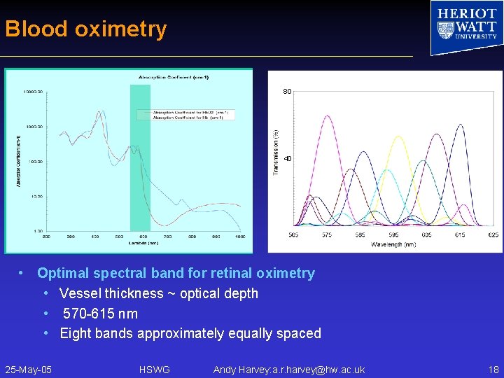 Blood oximetry 80 40 • Optimal spectral band for retinal oximetry • Vessel thickness