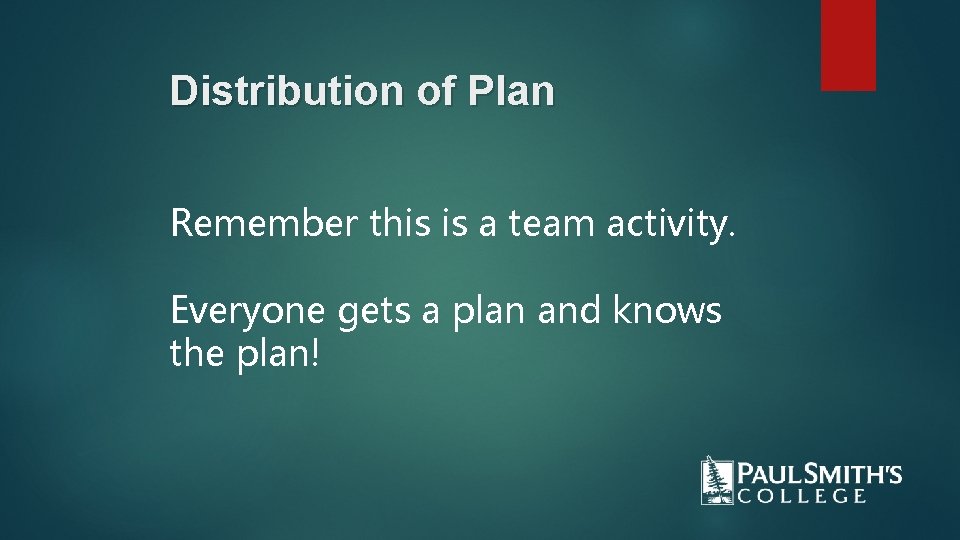 Distribution of Plan Remember this is a team activity. Everyone gets a plan and