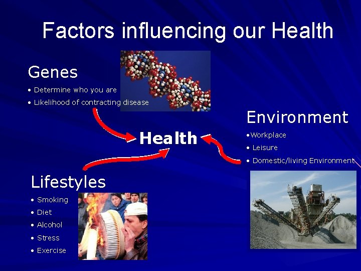 Factors influencing our Health Genes • Determine who you are • Likelihood of contracting