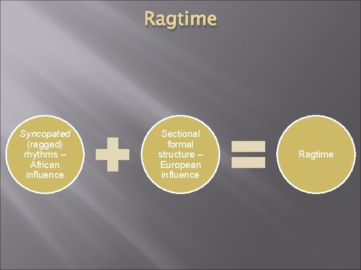 Ragtime Syncopated (ragged) rhythms – African influence Sectional formal structure – European influence Ragtime