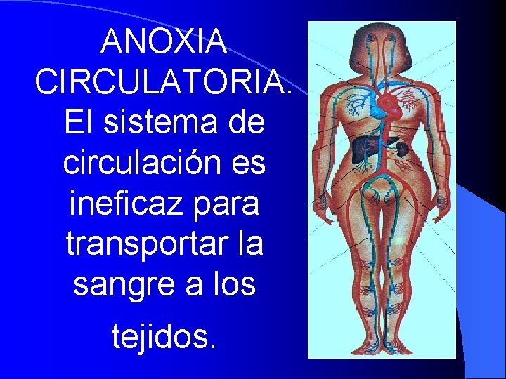 ANOXIA CIRCULATORIA. El sistema de circulación es ineficaz para transportar la sangre a los