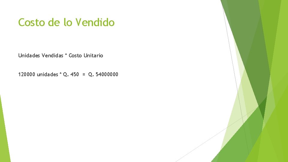 Costo de lo Vendido Unidades Vendidas * Costo Unitario 120000 unidades * Q. 450 Costo de lo Vendido Unidades Vendidas * Costo Unitario 120000 unidades * Q. 450