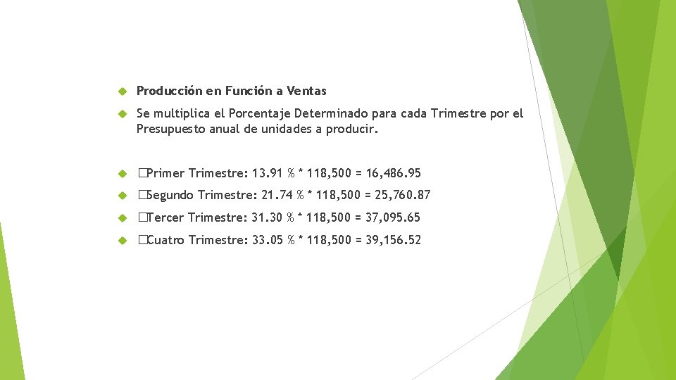  Producción en Función a Ventas Se multiplica el Porcentaje Determinado para cada Trimestre