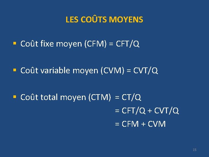 LES COÛTS MOYENS § Coût fixe moyen (CFM) = CFT/Q § Coût variable moyen