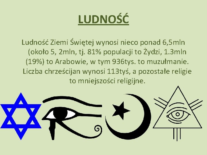 LUDNOŚĆ Ludność Ziemi Świętej wynosi nieco ponad 6, 5 mln (około 5, 2 mln,