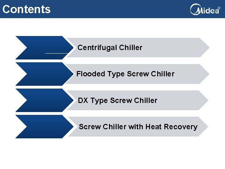 Contents Centrifugal Chiller Flooded Type Screw Chiller DX Type Screw Chiller with Heat Recovery