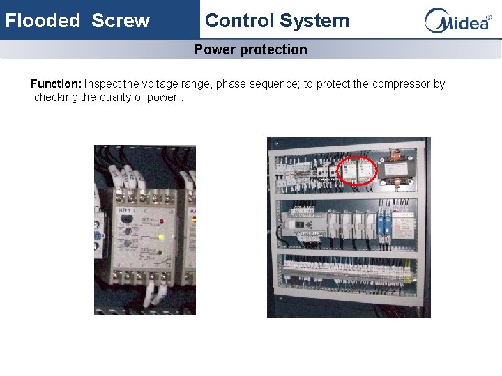 Flooded Screw Control System Power protection Function: Inspect the voltage range, phase sequence; to