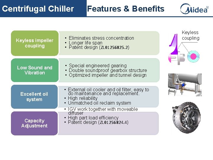 Centrifugal Chiller Features & Benefits Keyless impeller coupling • Eliminates stress concentration • Longer