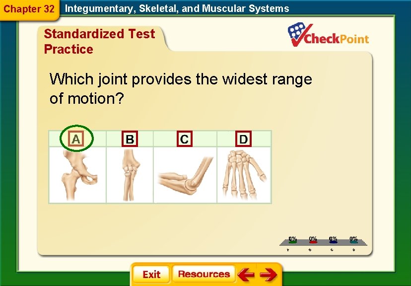 Chapter 32 Integumentary, Skeletal, and Muscular Systems Standardized Test Practice Which joint provides the