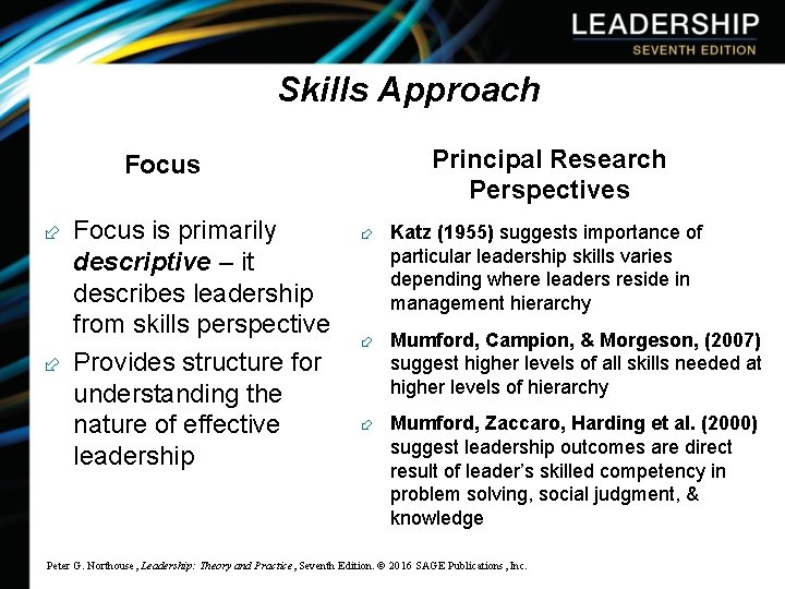 Skills Approach Focus is primarily descriptive – it describes leadership from skills perspective Provides