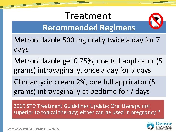 Treatment Recommended Regimens Metronidazole 500 mg orally twice a day for 7 days Metronidazole