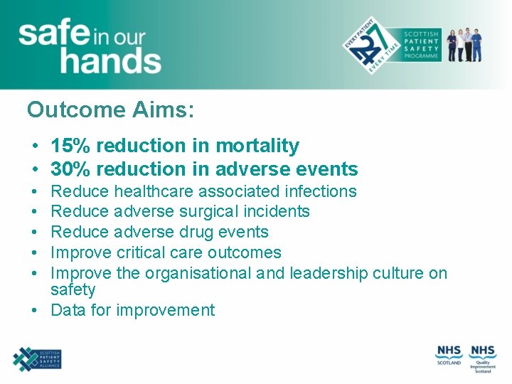 Outcome Aims: • 15% reduction in mortality • 30% reduction in adverse events •