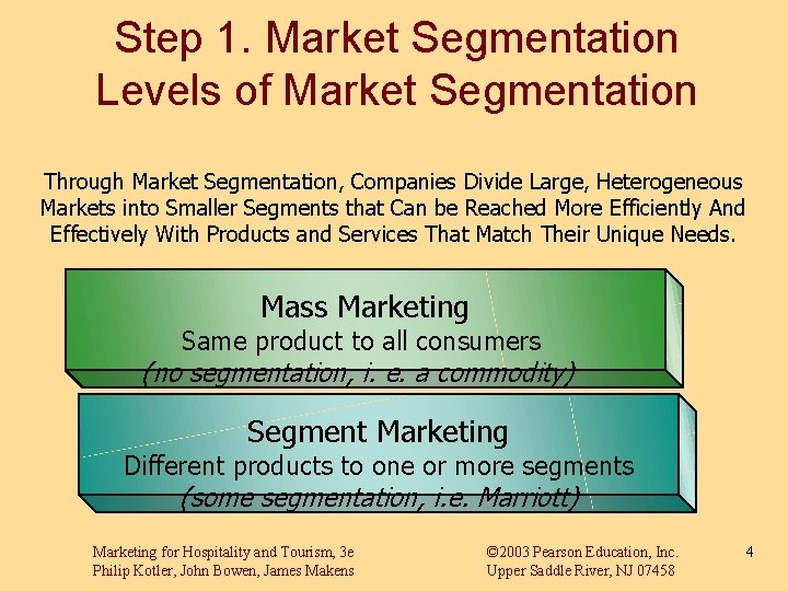 Step 1. Market Segmentation Levels of Market Segmentation Through Market Segmentation, Companies Divide Large,