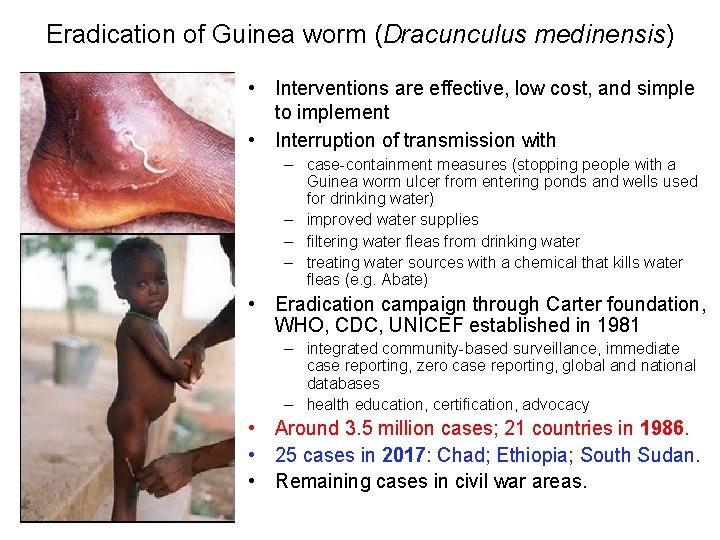 Eradication of Guinea worm (Dracunculus medinensis) • Interventions are effective, low cost, and simple