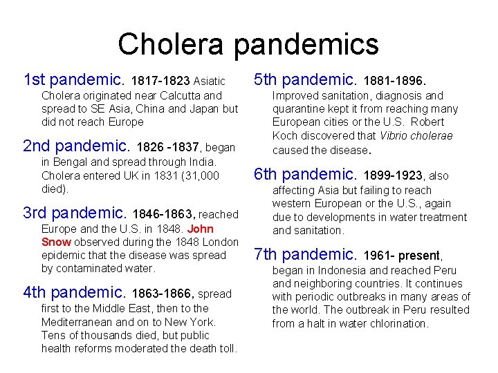 Cholera pandemics 1 st pandemic. 1817 -1823 Asiatic Cholera originated near Calcutta and spread