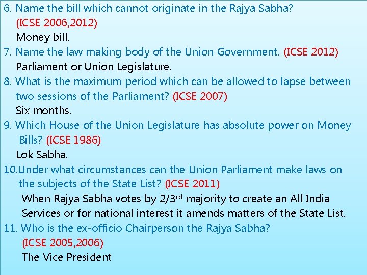 6. Name the bill which cannot originate in the Rajya Sabha? (ICSE 2006, 2012)