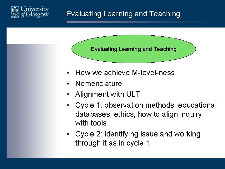 Evaluating Learning and Teaching • • How we achieve M-level-ness Nomenclature Alignment with ULT