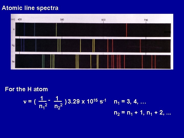 Atomic line spectra (nm) For the H atom n = ( 1 2 -