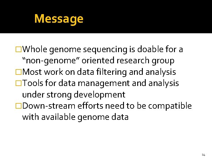 Message �Whole genome sequencing is doable for a “non-genome” oriented research group �Most work Message �Whole genome sequencing is doable for a “non-genome” oriented research group �Most work