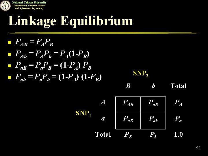 National Taiwan University Department of Computer Science and Information Engineering Linkage Equilibrium n n