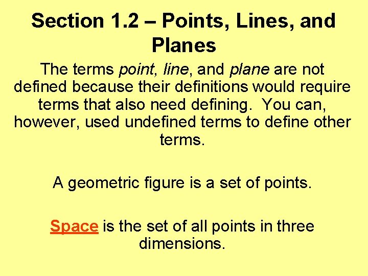 Section 1. 2 – Points, Lines, and Planes The terms point, line, and plane