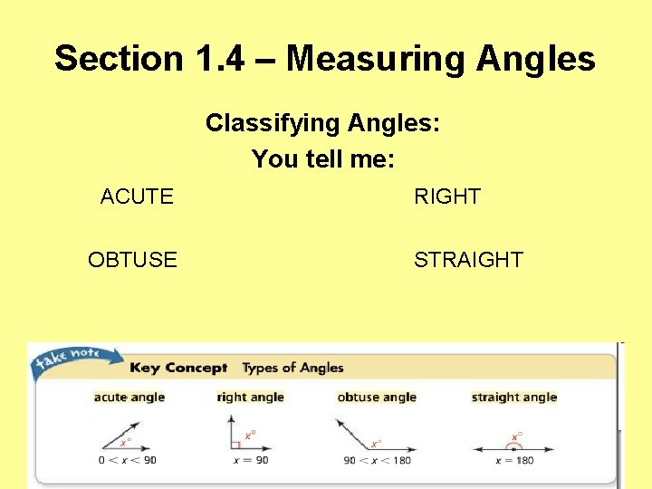 Section 1. 4 – Measuring Angles Classifying Angles: You tell me: ACUTE OBTUSE RIGHT