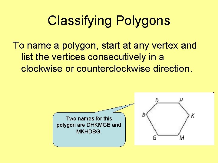 Classifying Polygons To name a polygon, start at any vertex and list the vertices