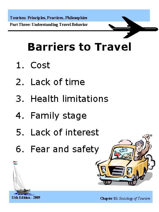 Tourism: Principles, Practices, Philosophies Part Three: Understanding Travel Behavior Barriers to Travel 1. Cost