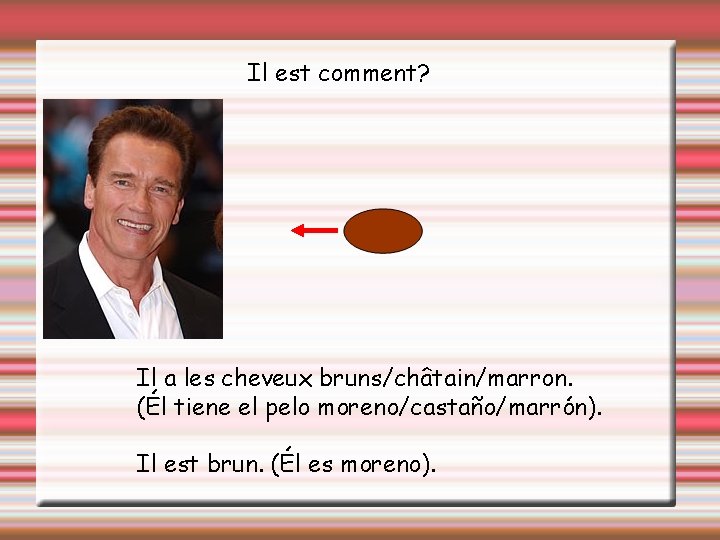 Il est comment? Il a les cheveux bruns/châtain/marron. (Él tiene el pelo moreno/castaño/marrón). Il