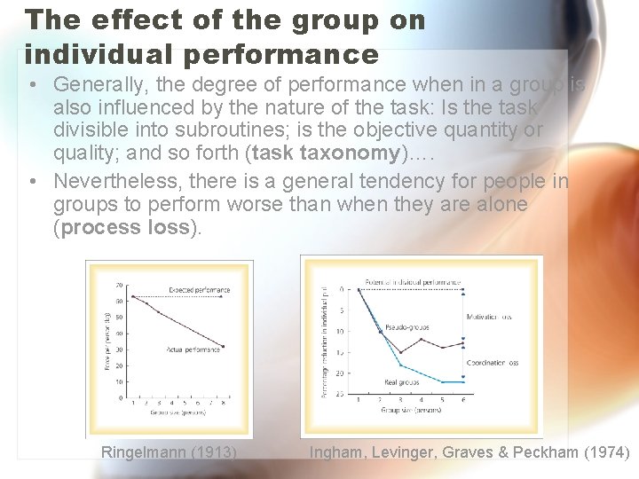 The effect of the group on individual performance • Generally, the degree of performance