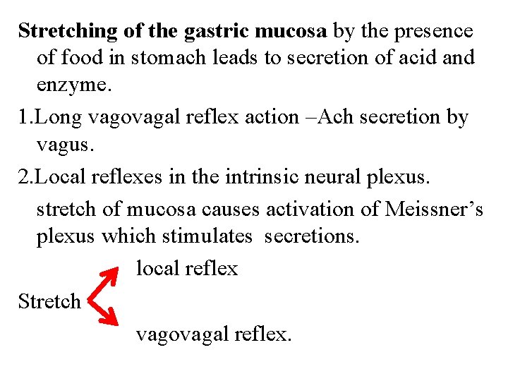 Stretching of the gastric mucosa by the presence of food in stomach leads to Stretching of the gastric mucosa by the presence of food in stomach leads to