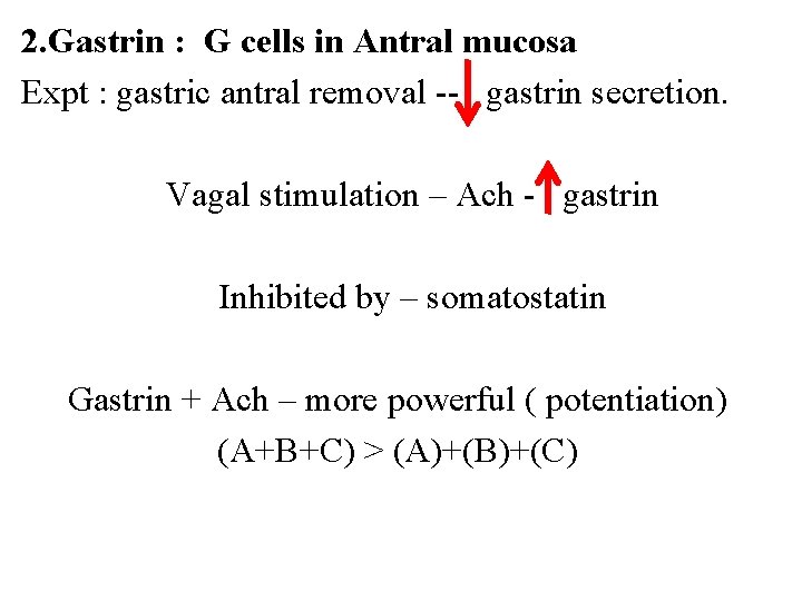 2. Gastrin : G cells in Antral mucosa Expt : gastric antral removal -- 2. Gastrin : G cells in Antral mucosa Expt : gastric antral removal --