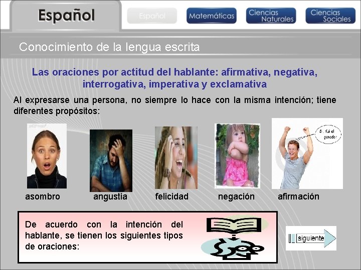 Conocimiento de la lengua escrita Las oraciones por actitud del hablante: afirmativa, negativa, interrogativa,