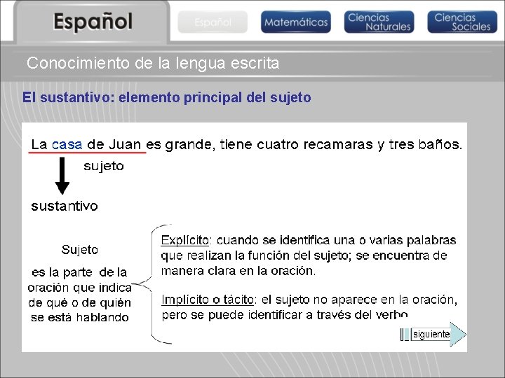 Conocimiento de la lengua escrita El sustantivo: elemento principal del sujeto 