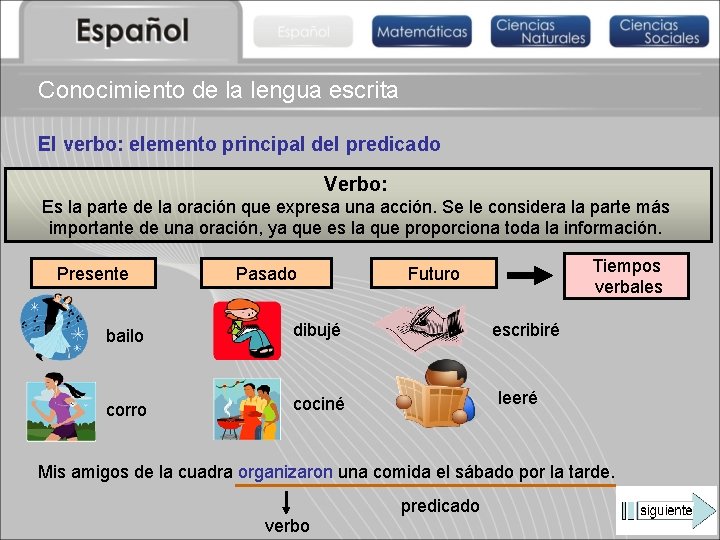 Conocimiento de la lengua escrita El verbo: elemento principal del predicado Verbo: Es la