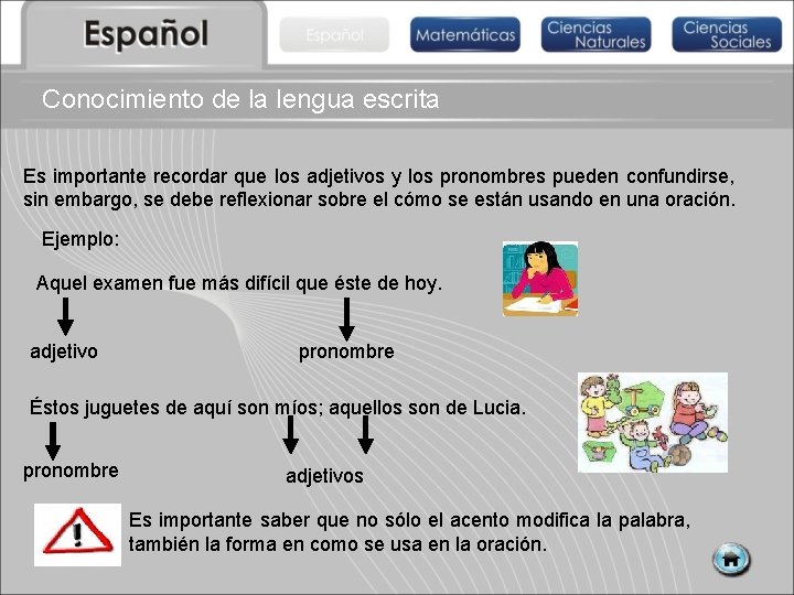 Conocimiento de la lengua escrita Es importante recordar que los adjetivos y los pronombres