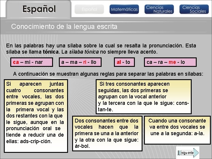 Conocimiento de la lengua escrita En las palabras hay una sílaba sobre la cual