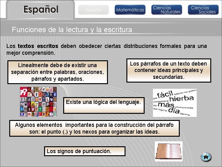 Funciones de la lectura y la escritura Los textos escritos deben obedecer ciertas distribuciones