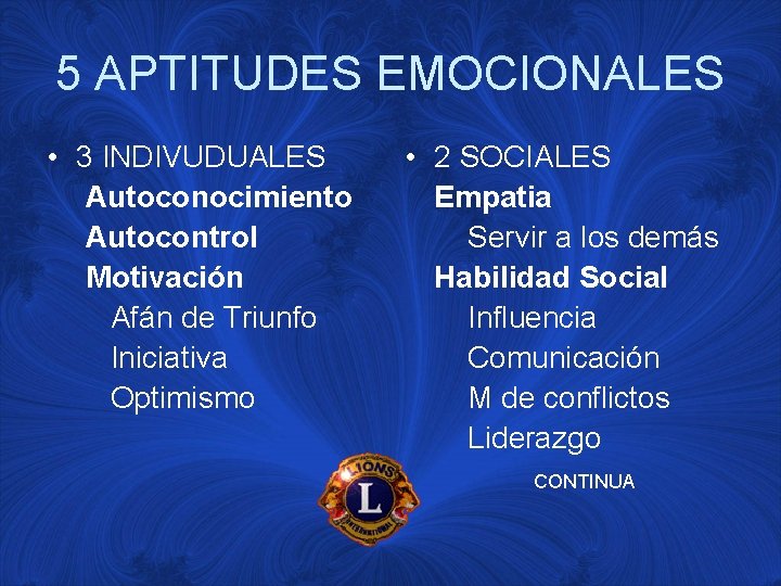 5 APTITUDES EMOCIONALES • 3 INDIVUDUALES Autoconocimiento Autocontrol Motivación Afán de Triunfo Iniciativa Optimismo