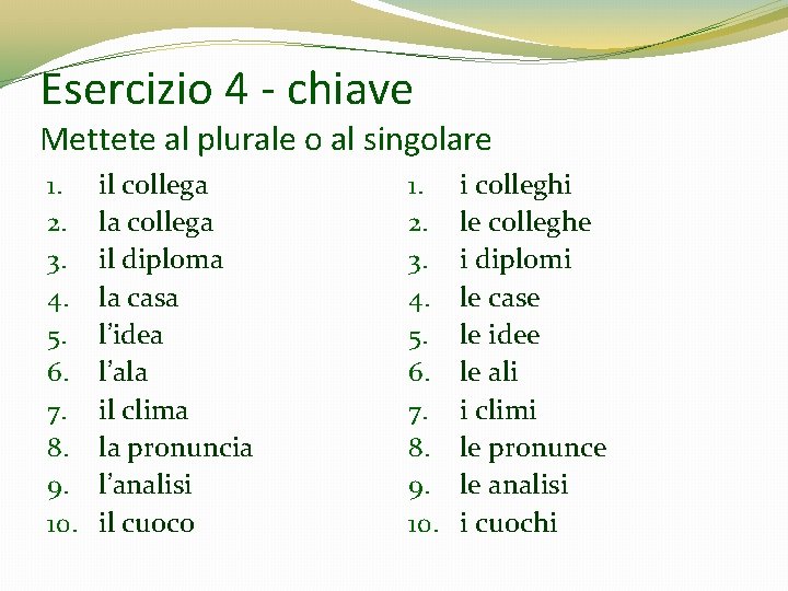 Esercizio 4 - chiave Mettete al plurale o al singolare 1. 2. 3. 4. Esercizio 4 - chiave Mettete al plurale o al singolare 1. 2. 3. 4.