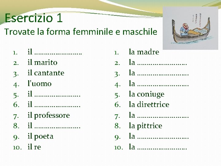 Esercizio 1 Trovate la forma femminile e maschile 1. 2. 3. 4. 5. 6. Esercizio 1 Trovate la forma femminile e maschile 1. 2. 3. 4. 5. 6.
