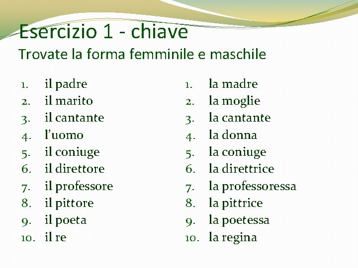 Esercizio 1 - chiave Trovate la forma femminile e maschile 1. 2. 3. 4. Esercizio 1 - chiave Trovate la forma femminile e maschile 1. 2. 3. 4.