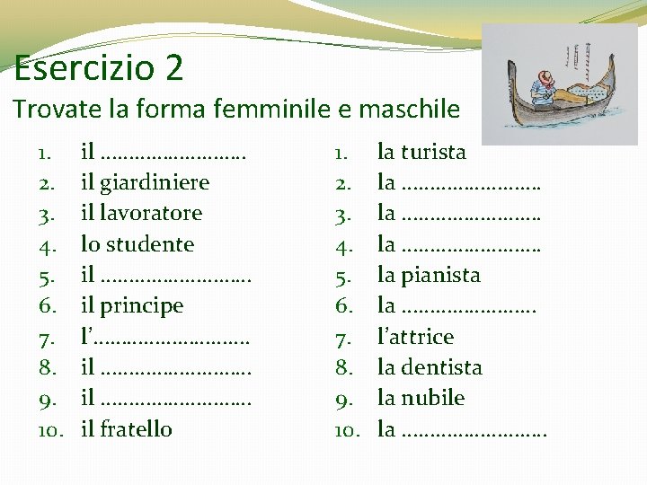 Esercizio 2 Trovate la forma femminile e maschile 1. 2. 3. 4. 5. 6. Esercizio 2 Trovate la forma femminile e maschile 1. 2. 3. 4. 5. 6.