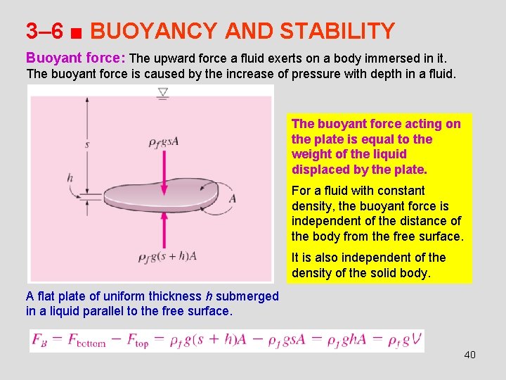 3– 6 ■ BUOYANCY AND STABILITY Buoyant force: The upward force a fluid exerts