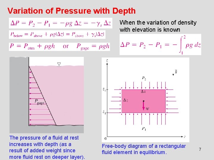 Variation of Pressure with Depth When the variation of density with elevation is known