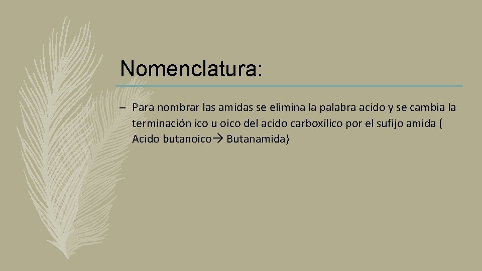 Nomenclatura: – Para nombrar las amidas se elimina la palabra acido y se cambia Nomenclatura: – Para nombrar las amidas se elimina la palabra acido y se cambia