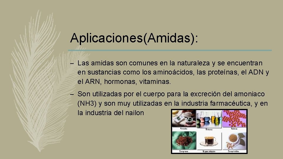 Aplicaciones(Amidas): – Las amidas son comunes en la naturaleza y se encuentran en sustancias Aplicaciones(Amidas): – Las amidas son comunes en la naturaleza y se encuentran en sustancias